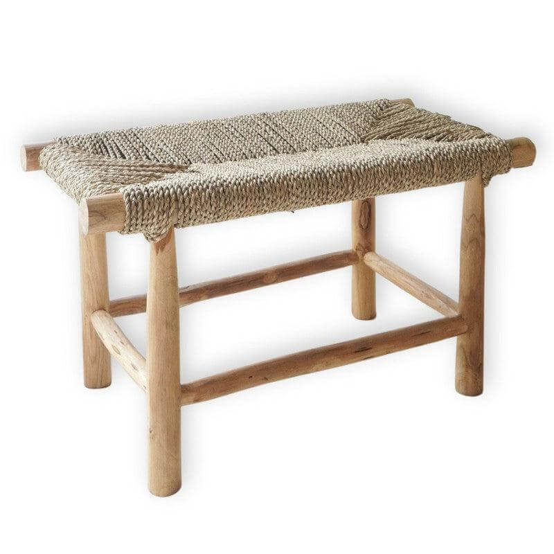 Teakhouten en zeegras bankje SUNGAI, duurzaam design, handgemaakt, 80x42 cm zitting, 46 cm hoog, eerlijke handel, plasticvrije verpakking.