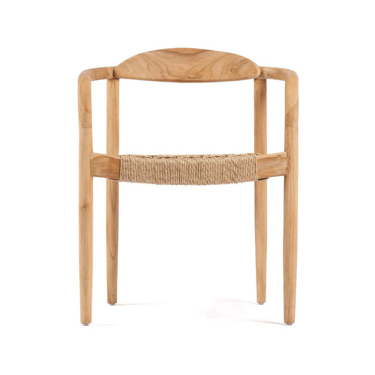 De Amaya eetkamerstoel van teruggewonnen teak, geschikt voor buitengebruik, met een tijdloos design. Duurzaam en comfortabel.