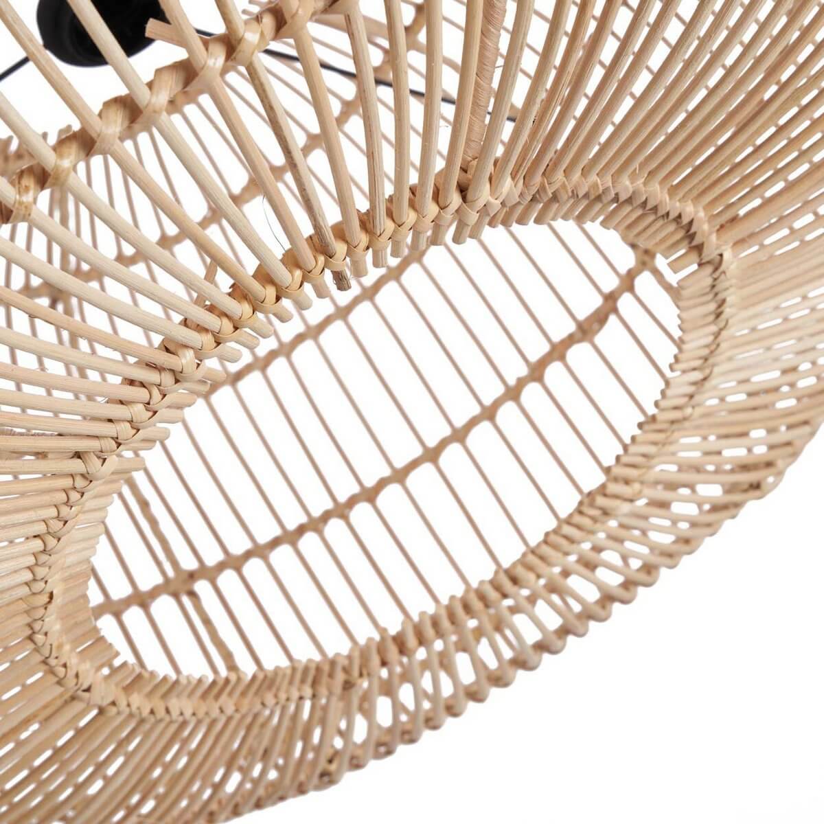 Close-up of The Arun Pendant, a handmade bohemian lampshade in natural rattan, enhancing any interior with warmth and style.