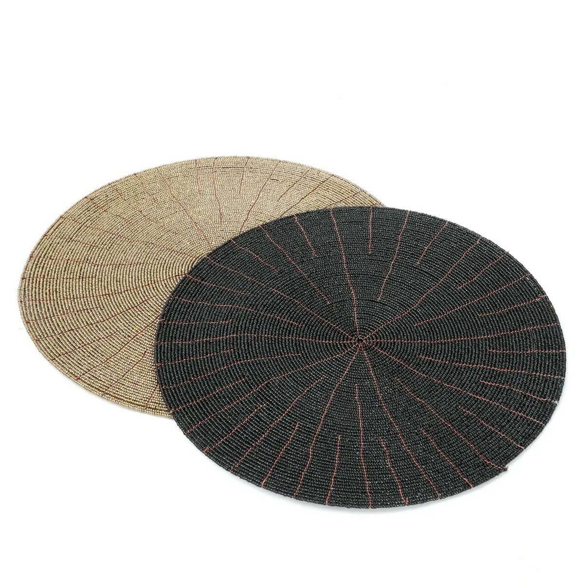 Stylish black and beige beaded placemats from Bazar Bizar Living, perfect for a Bohemian chic table setting, 30cm diameter.