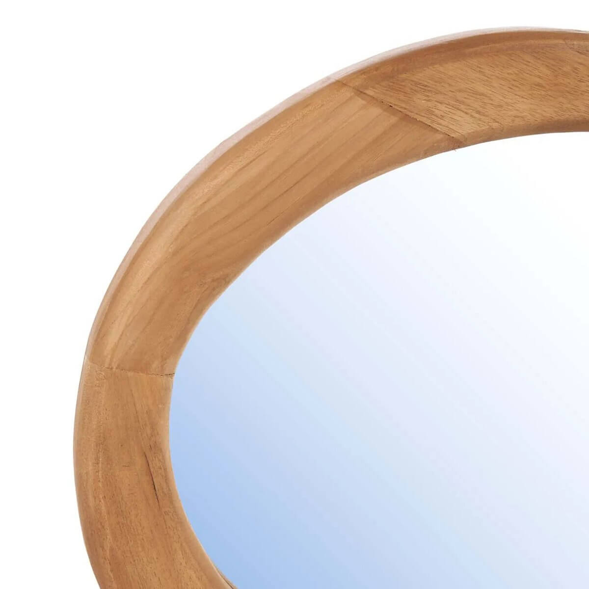 Close-up of The Organic Mirror with teak frame, showcasing its elegant bohemian style and natural warmth.