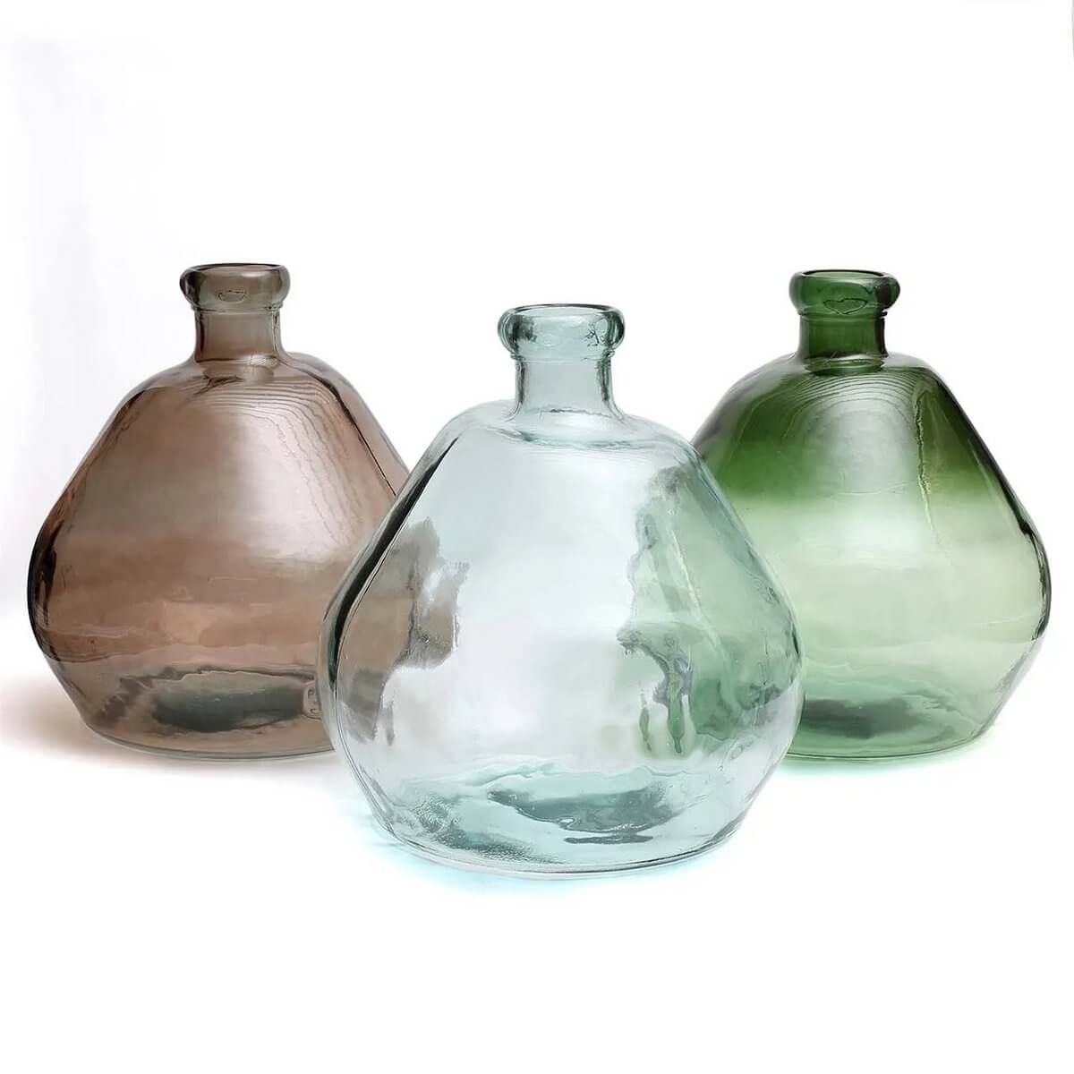 Trio of De Bolai vases in earthy tones, highlighting their recycled glass texture, perfect for bohemian decor.