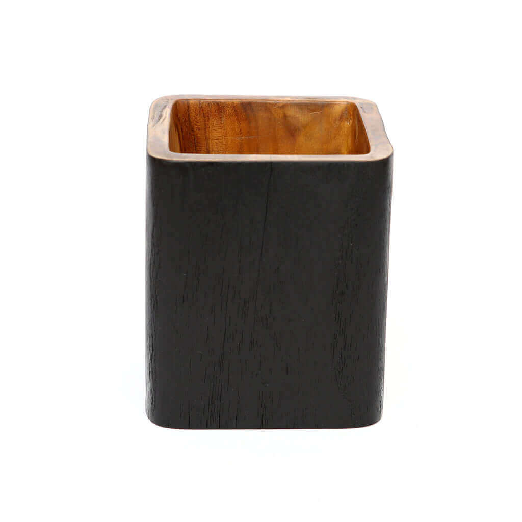 Vierkante De Bondi Vaas van teakhout, ideaal voor make-up, sieraden of kantoorbenodigdheden. Handgemaakt, natuurlijke zwarte kleur.