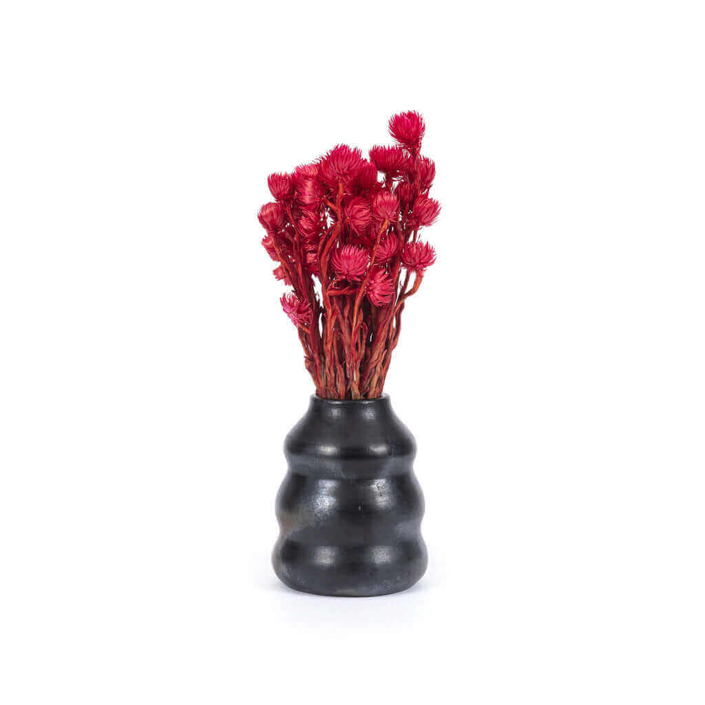 De Burned Vaas met gedroogde rode bloemen, veelzijdig voor keuken en tafel, perfect voor servies in zwart gebrande stijl.