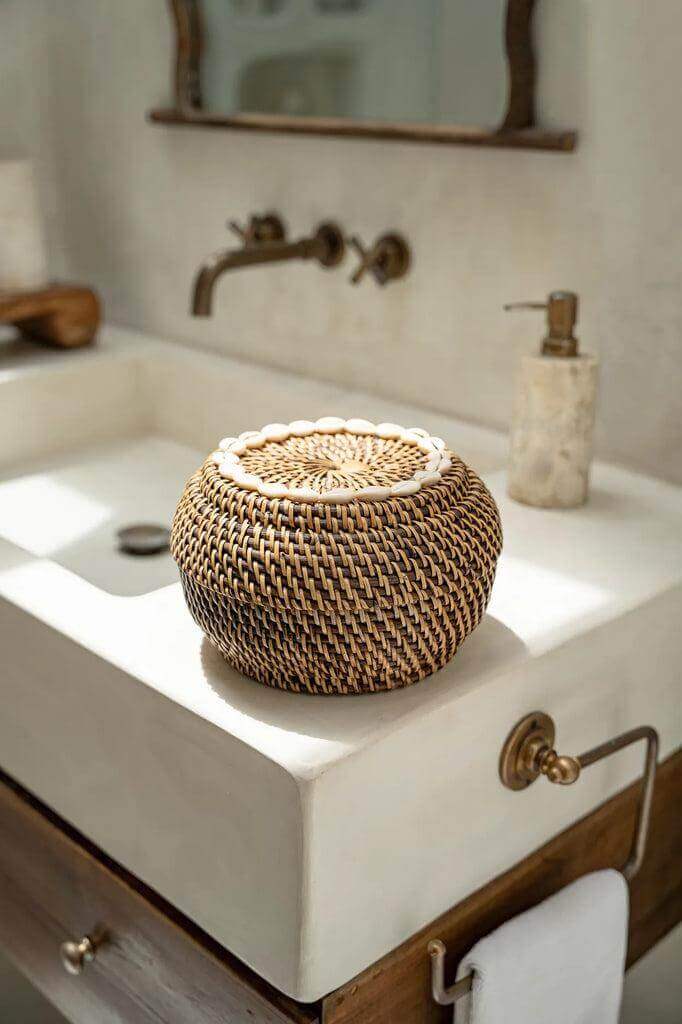 Rieten opbergmand met deksel op wastafel in een elegante badkamer, perfect voor stijlvolle en praktische opslag.