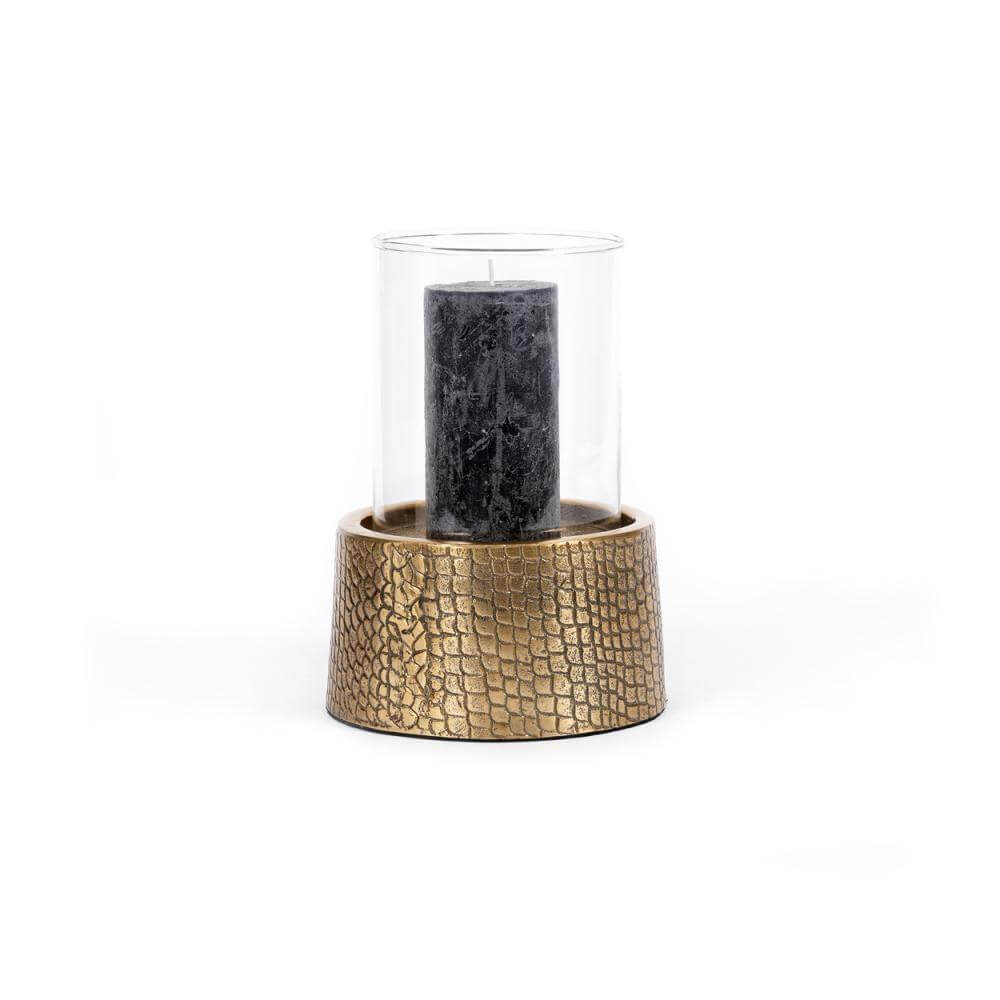 Messing kaarsenhouder met croco print en glas, stijlvol voor woonkamer of badkamer decor, elegant en trendy design.