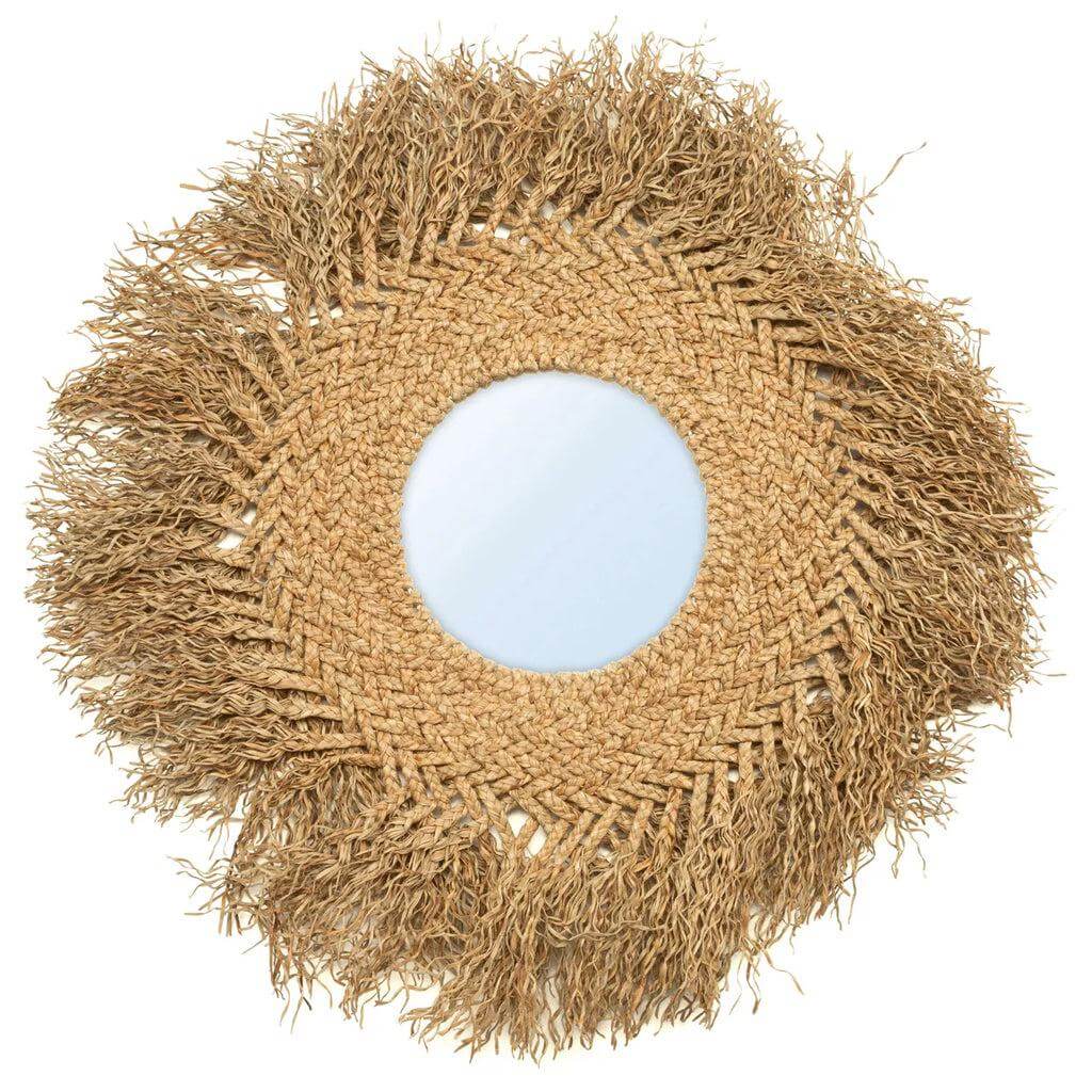 Alt Tag: Boho rotanspiegel met franjes, natuurlijke kusttextuur voor aardse uitstraling. 75x75cm. Perfect voor elke kamer.