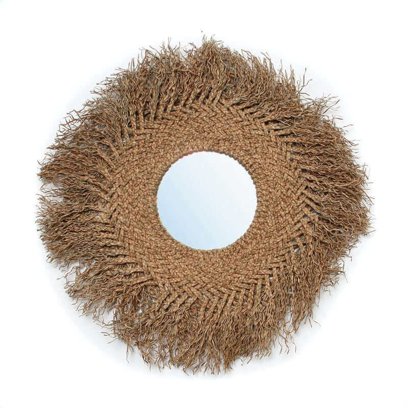 Ronde boho spiegel met natuurlijke rotan franje, 75 cm, earthy stijl voor interieur, Spiegelglas diameter 25 cm.