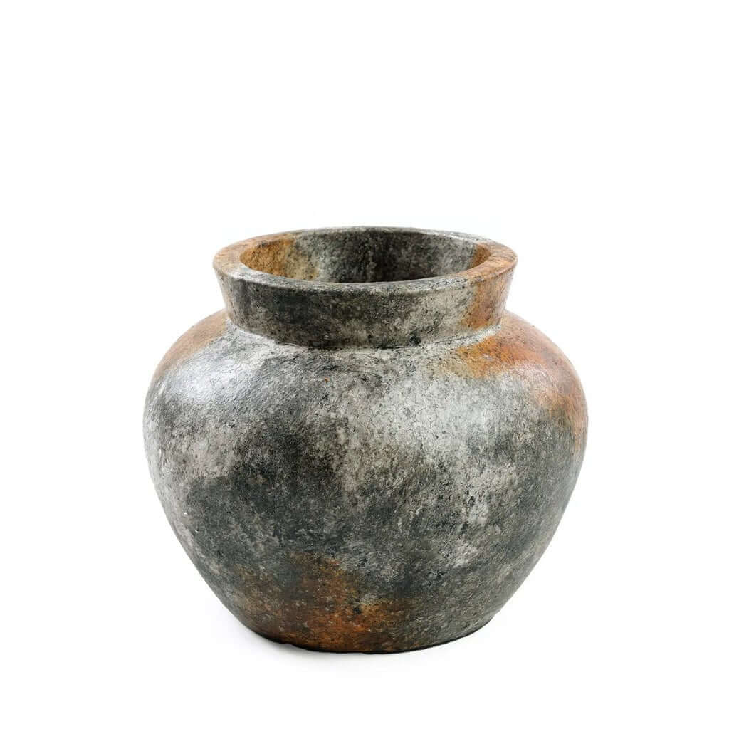 De Funky Vaas in antiek grijs voor droogbloemen, terracotta pot met nuances van zwart, blauw, rood en roest, niet waterdicht, 19cm hoog.