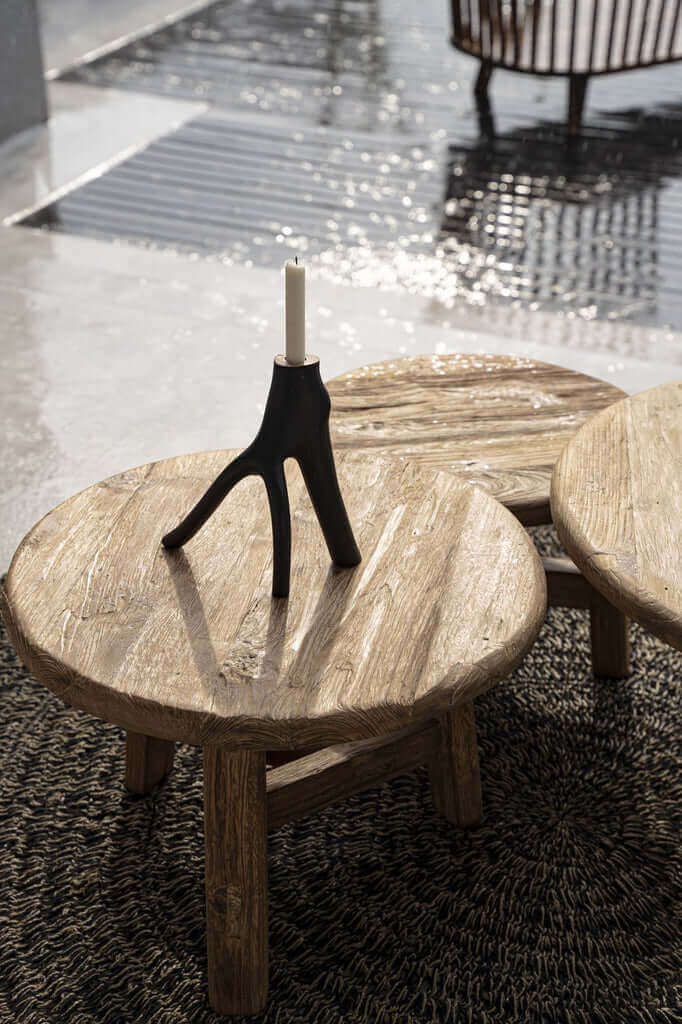 Rustieke Fusuma salontafel set van teakhout met kaarsenhouder, ruimtebesparend ontwerp voor stijlvol interieur.