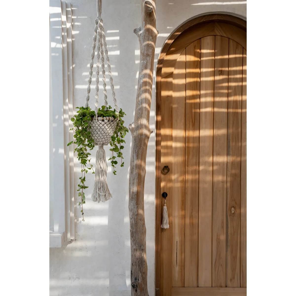 Gedraaide macramé plantenhouder in naturel wit met hangplant bij houten deur