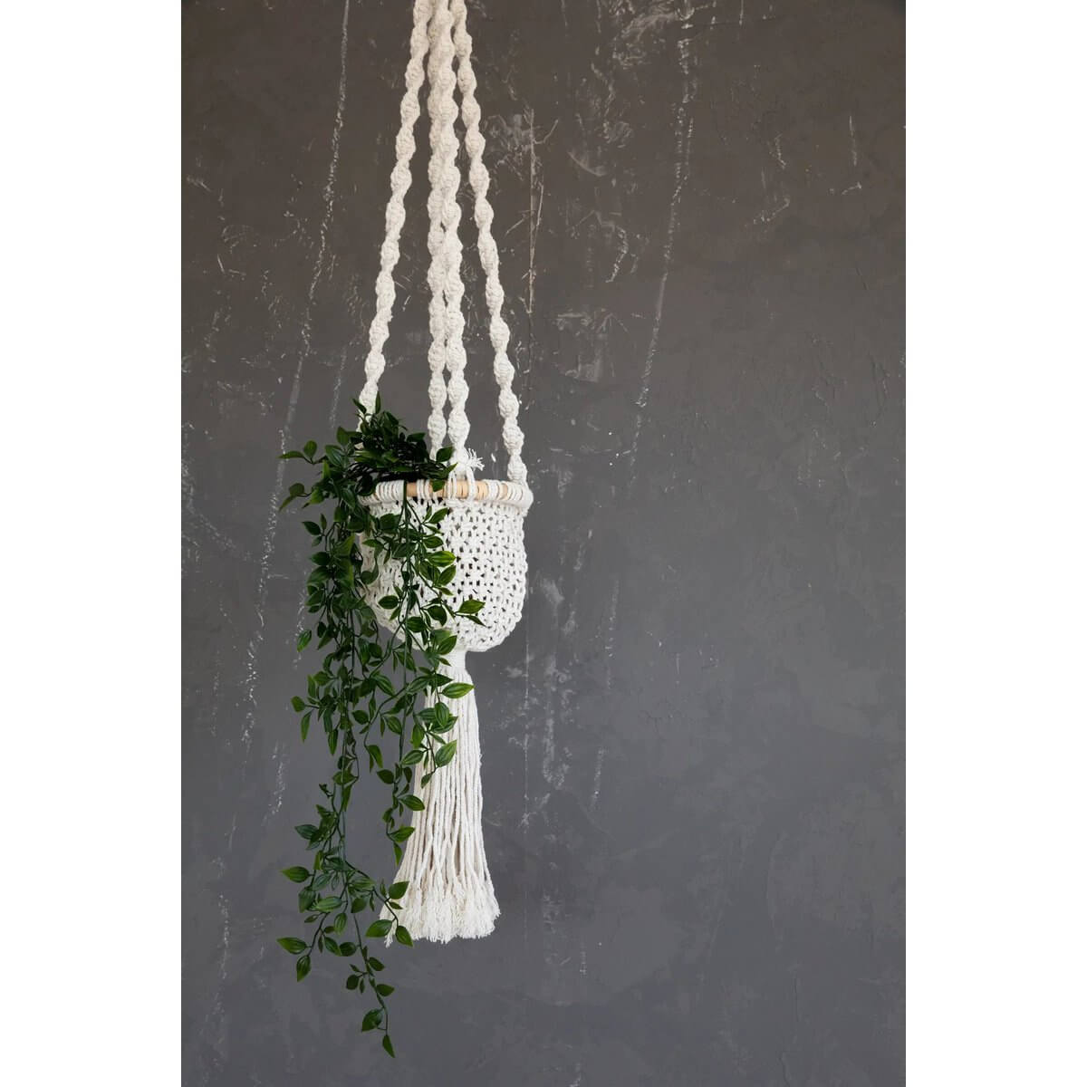 Gedraaide macramé plantenhouder van katoen, naturel wit, met hangende plant tegen een grijze muur. Perfect voor binnen of overdekt buiten.