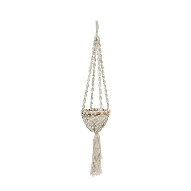 Macramé plantenhouder naturel wit, handgemaakt voor kamerplanten. Eyecatcher voor binnenruimtes, 135cm hoogte.