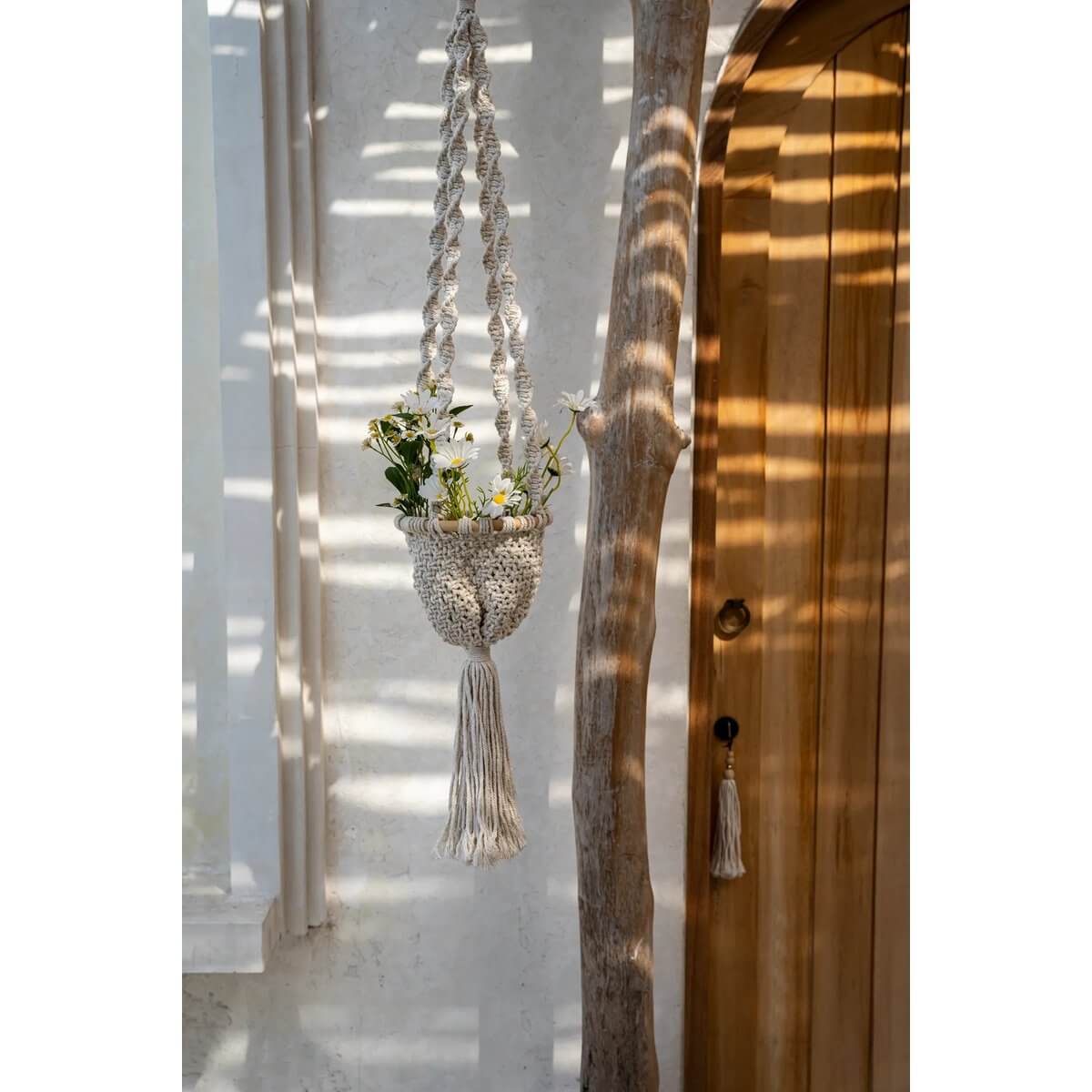 Macramé plantenhouder in natuurlijk wit met planten, hangend bij een houten deur, belicht door zonlicht door de ramen.