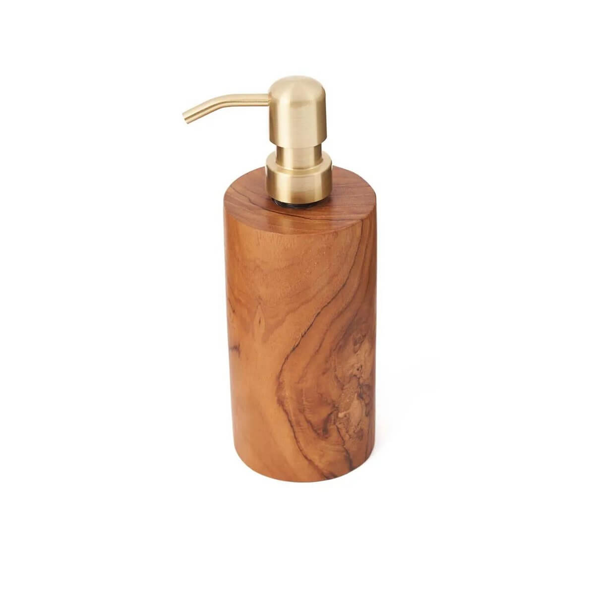 Bohemian style teak wooden soap dispenser with brass pump, adding natural elegance and warmth to any kitchen or bathroom decor.