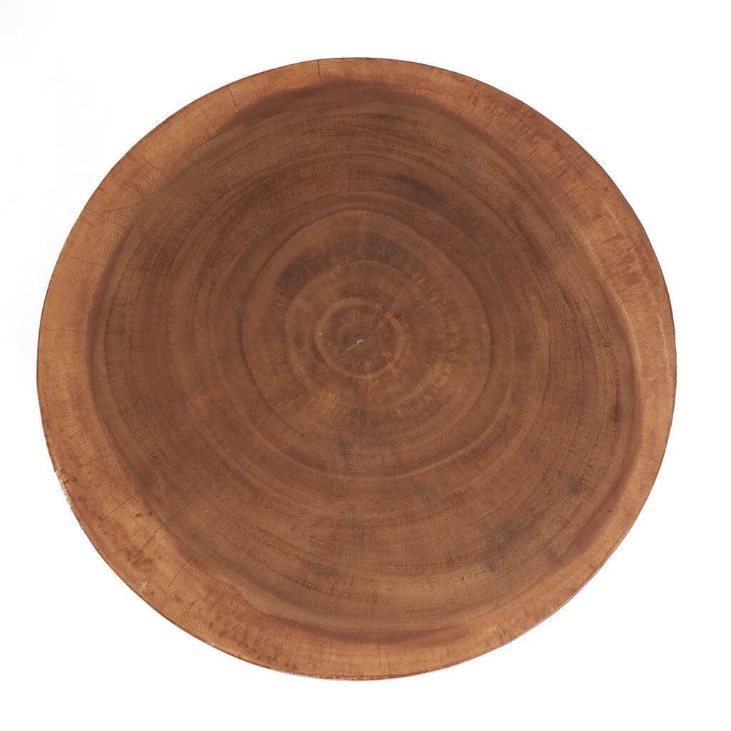 Ronde houten schijf in natuurlijke kleur, perfect als tafelblad of decorstuk, gemaakt van duurzaam suarhout.
