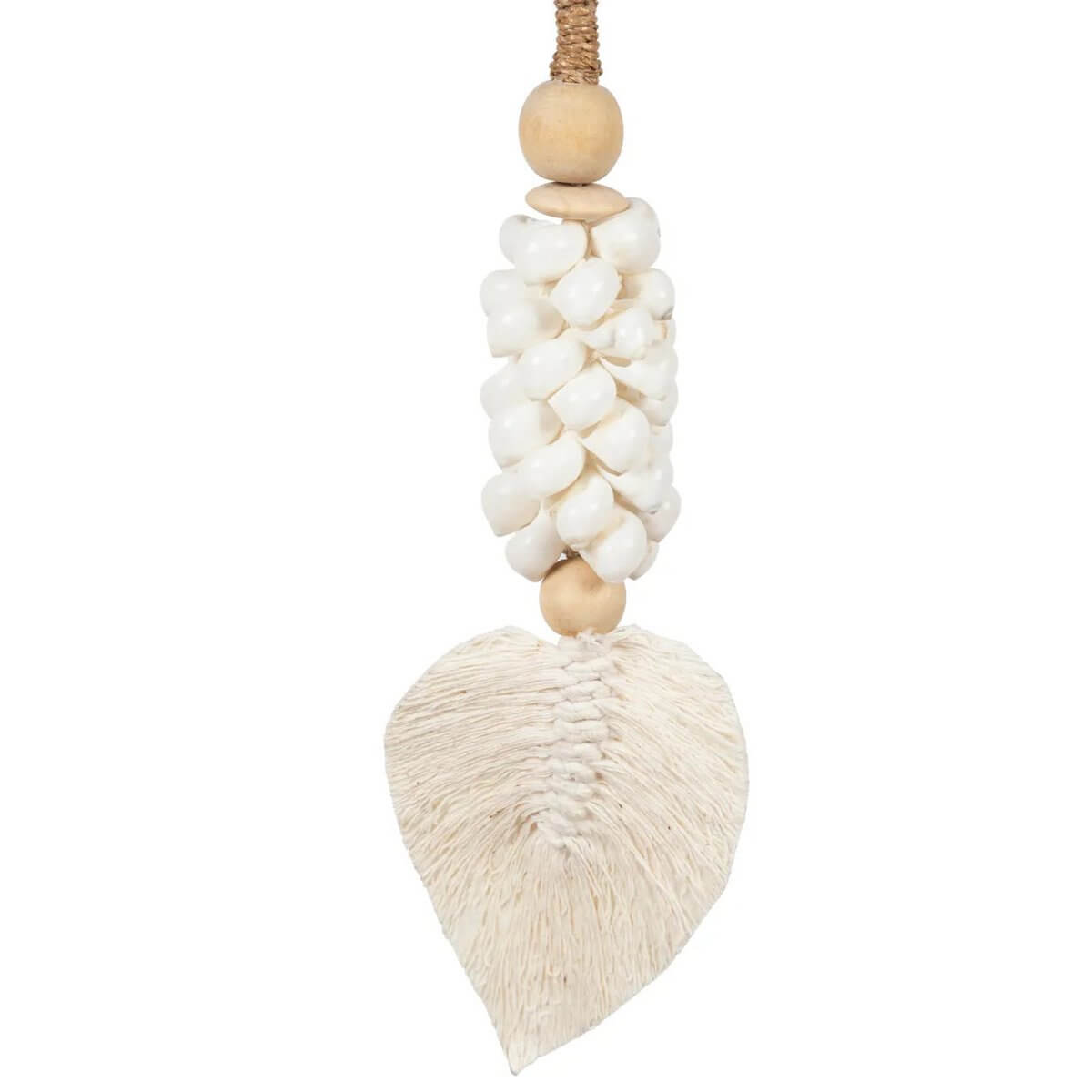 Bohemian white shell tassel handmade in Bali by Bazar Bizar Living, perfect for home decor, curtain, or door embellishment.