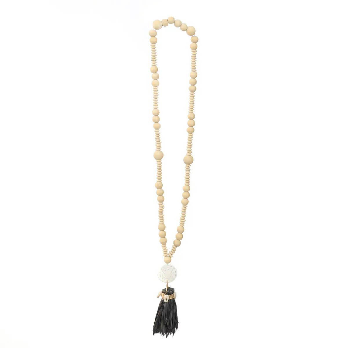 Bohemian De Lovina ketting with natural black shell centerpiece, wooden accents, inspired by Bali's Lovina coast, 75cm elegant necklace.