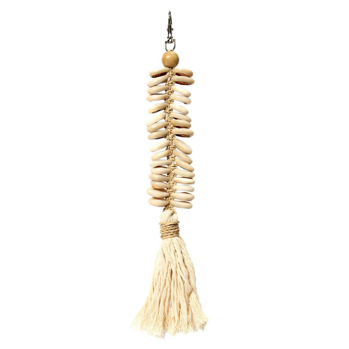 Bohemian macrame fishbone keychain in crème, with shells and cotton tassel, perfect for coastal style decor or gifting.