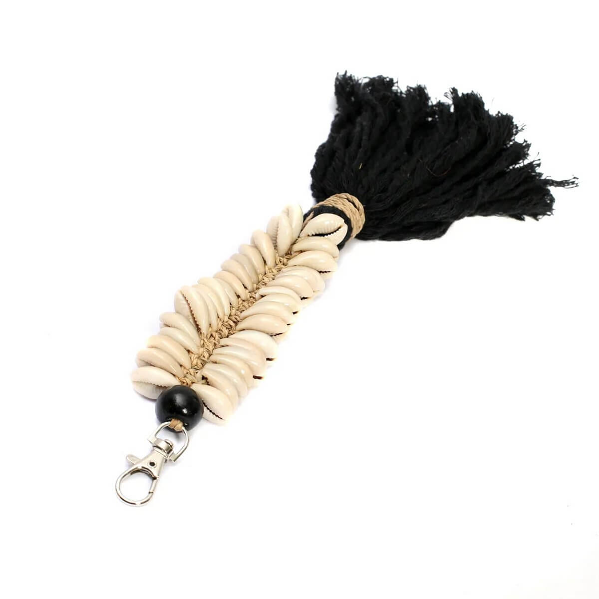 Bohemian black macrame fishbone keychain with shells and cotton tassel for stylish decor or gifting.