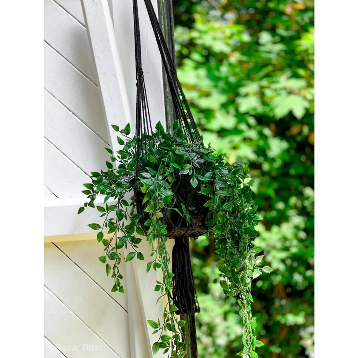 Bohemian black macramé plant holder with lush greenery on white wall, perfect for indoor decor. Bazar Bizar collection.