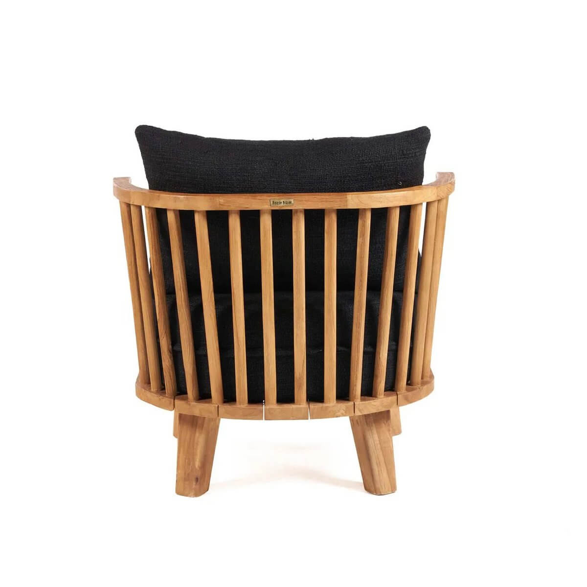 Bohemian Eenzitsbank in natuurlijk zwart met teak houten frame en zachte kussens, gezien van achteren
