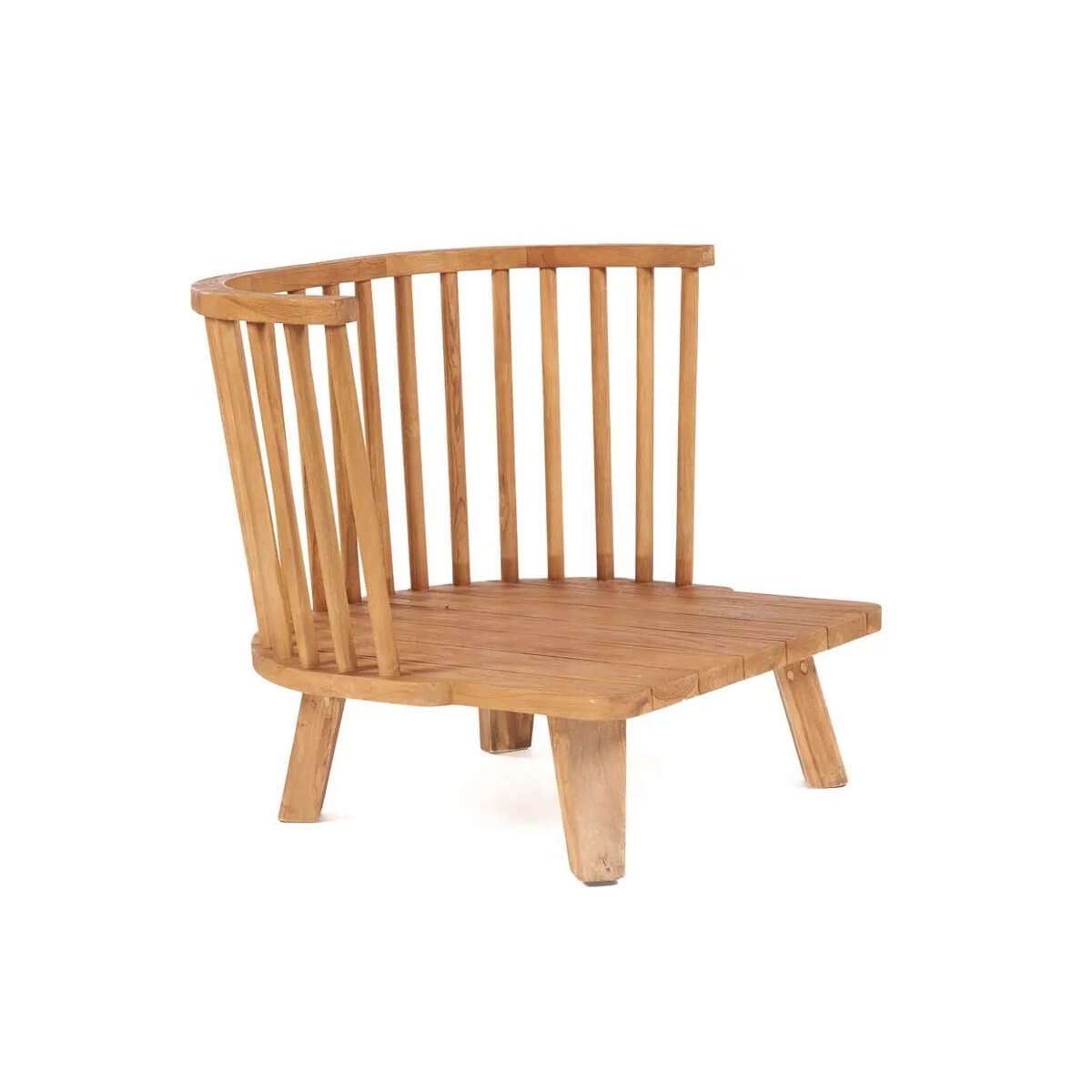 Bohemian one-seater chair made of reclaimed teak wood with a natural finish, perfect for indoor or covered outdoor spaces.