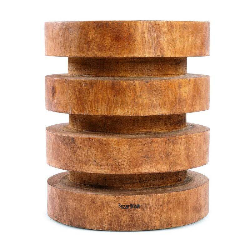 De Massaka Kruk - Naturel, suarhout kruk met vier massieve ringen en diepbruine lak, elegant en duurzaam design voor binnenshuis gebruik.