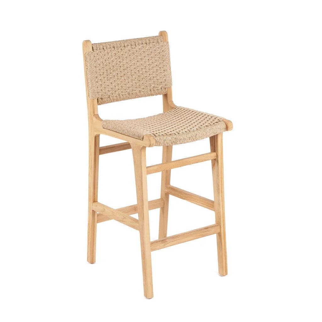 Meno barkruk van ecologisch teakhout met synthetisch touw zitting, ideaal voor stijlvolle buitenbars. Duurzaam en comfortabel design.