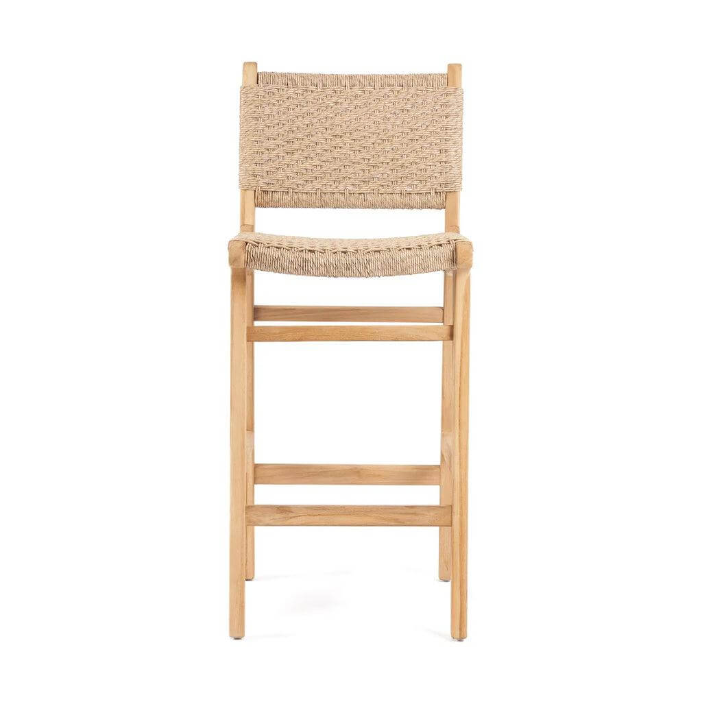 Meno barkruk van teakhout met viro zitting en rugleuning, perfect voor stijlvolle en duurzame buitenbar.