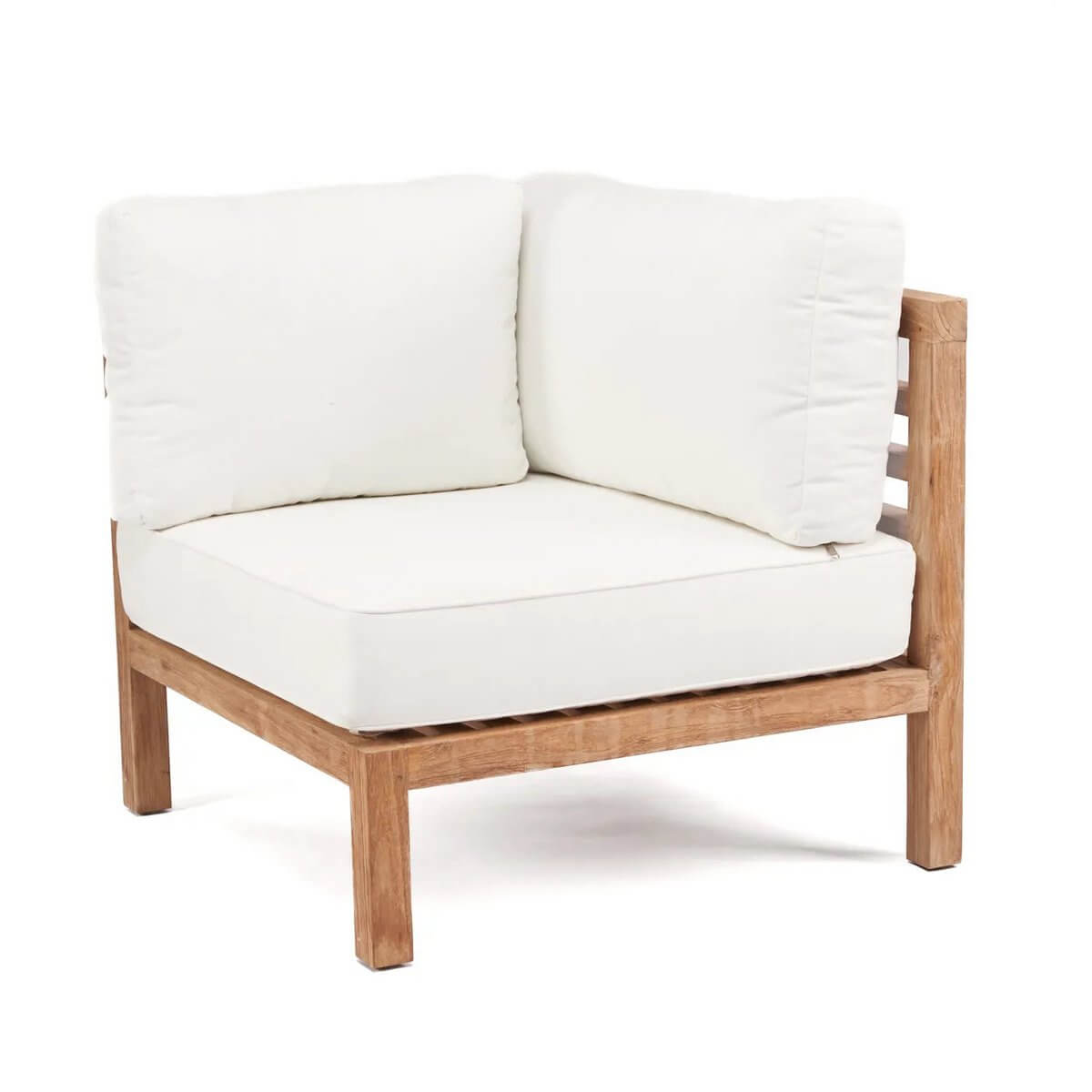 De Moyo modulaire hoek links, bohemian eco-friendly outdoor seating with white cushions and wooden frame. Customizable luxury design.