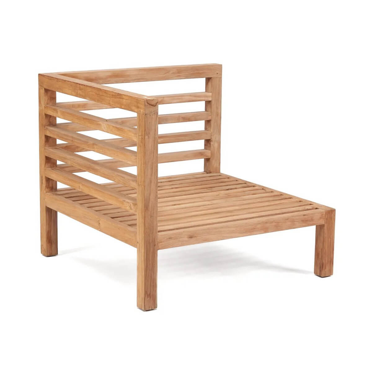 Bohemian-style De Moyo modular left corner piece in natural wood finish, ideal for eco-friendly outdoor seating customization.