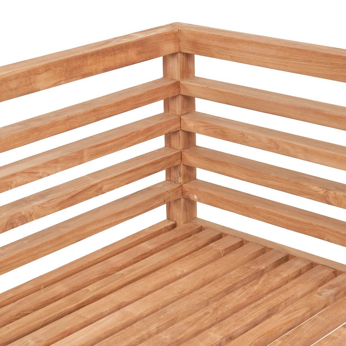 Bohemian-inspired teak corner detail of De Moyo modular two-seater for eco-friendly outdoor relaxation.