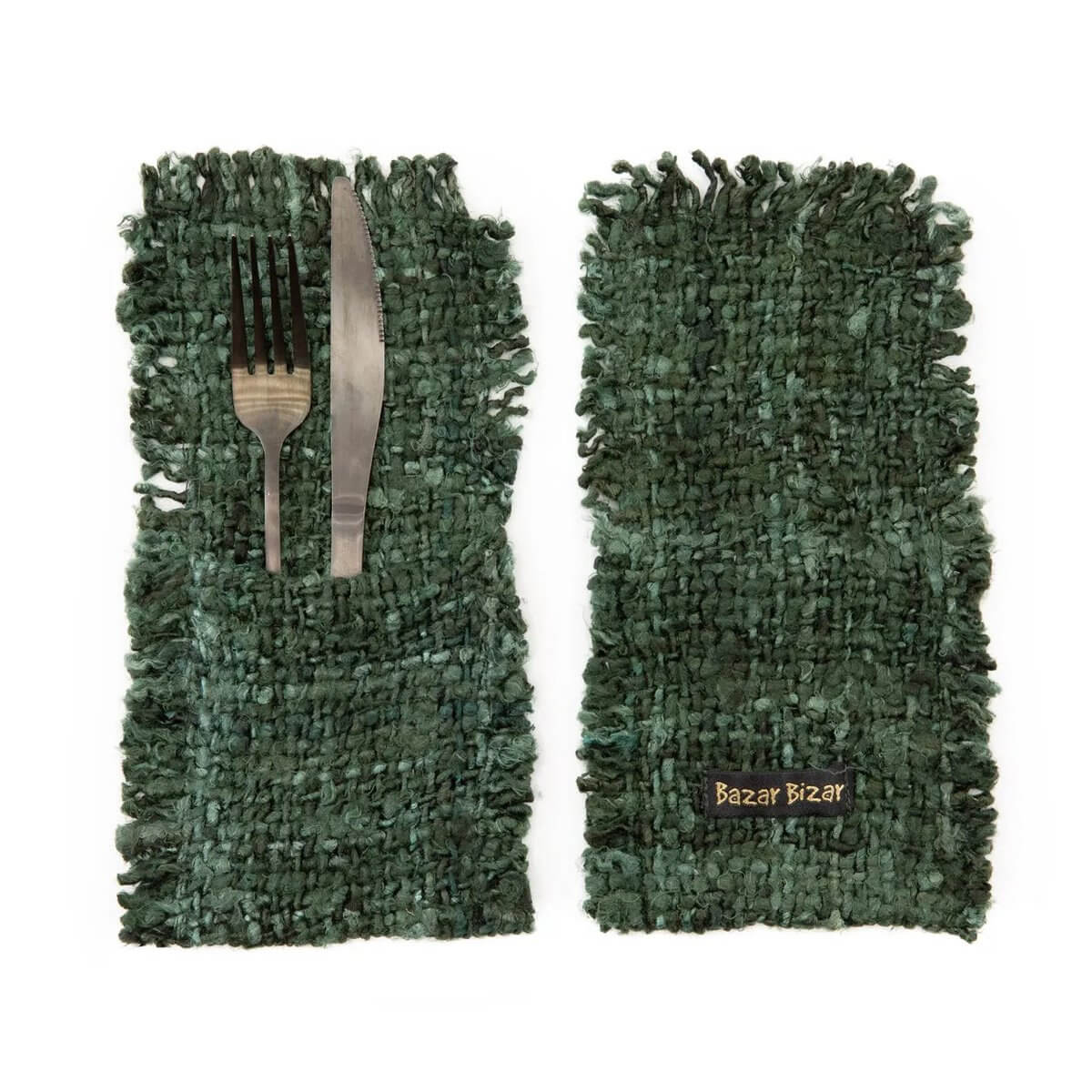 Bohemian green cotton utensil holders with fringed edges, showcasing a fork and knife—perfect for adding elegance to any dining table.