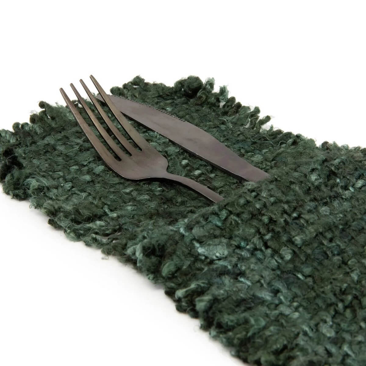 Bohemian style green cutlery holder, hand-dyed cotton with silk look, holding knife and fork, perfect for elegant dining setup.