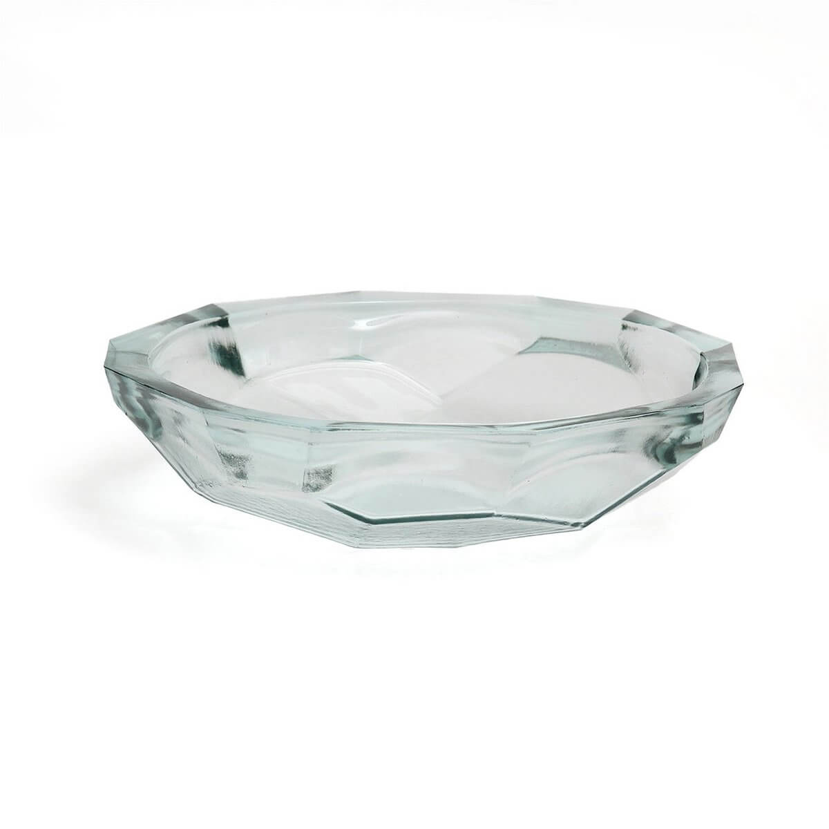 Sleek glass bowl with sharp, angular design inspired by origami, perfect for serving snacks or as a Bohemian decor piece.