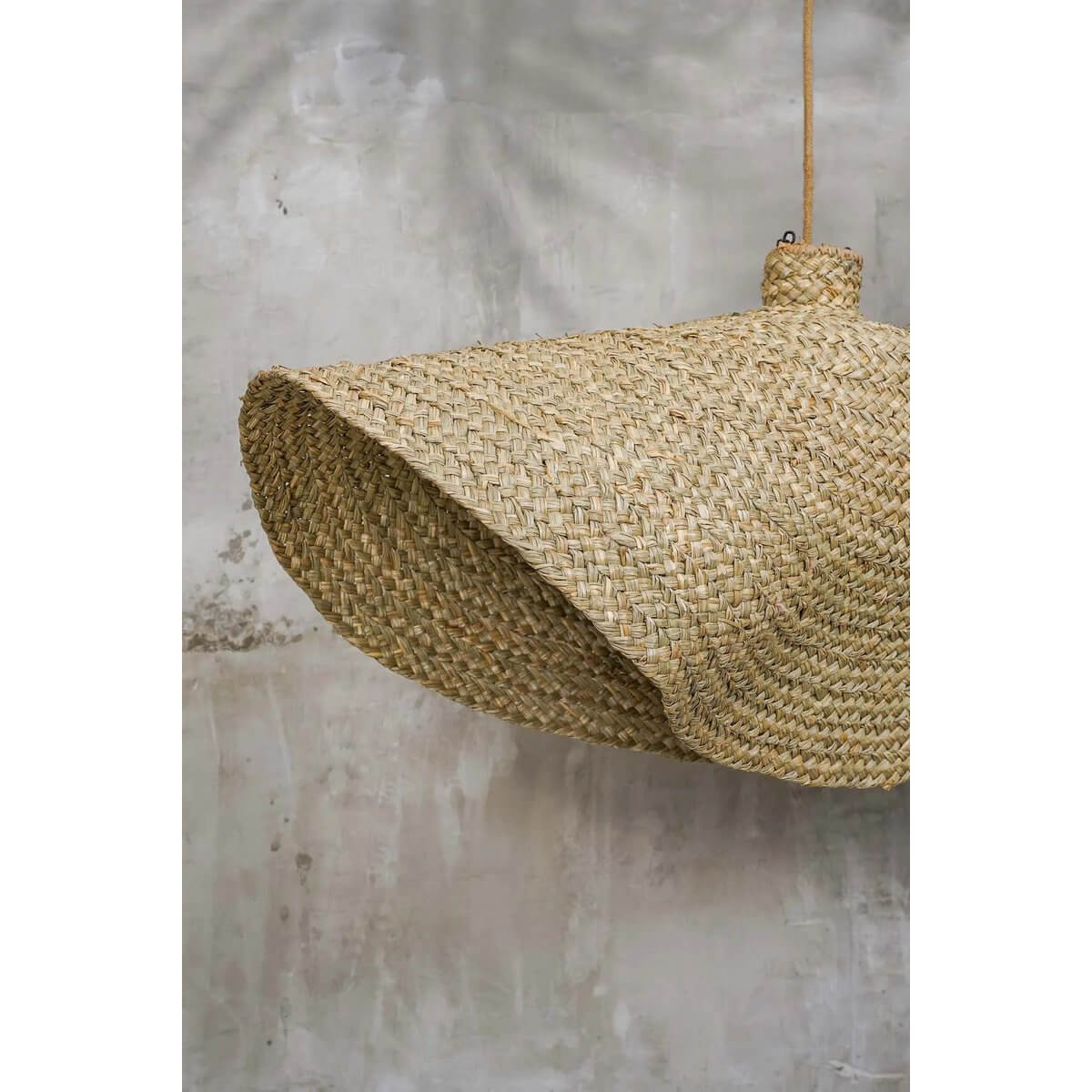 Bohemian style XL Qubba hanger lamp in natural woven water hyacinth for coastal decor.