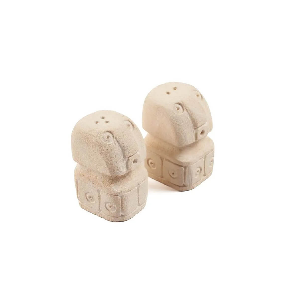 Bohemian sandstone salt and pepper shakers shaped like small stone figures, adding artistic flair to dining décor.