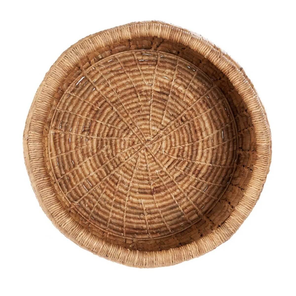 Top view of the Sarvatah Bohemian-style basket made from sustainable banana leaf, showcasing its intricate, natural weave and earthy tones.