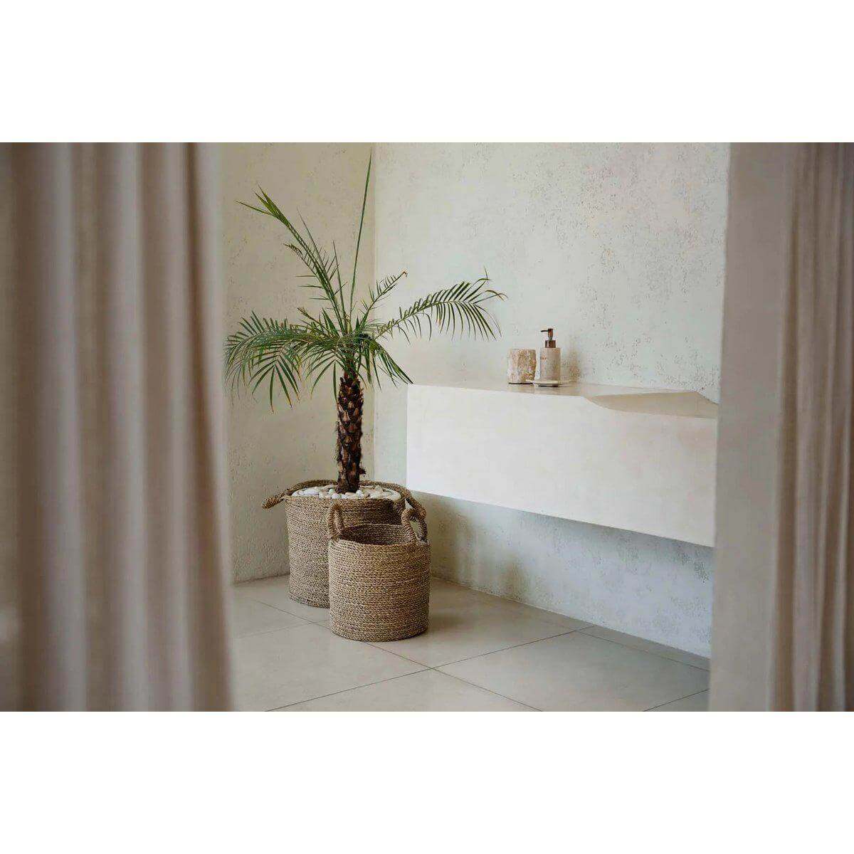 Handgeweven zeegras manden met handvatten in een moderne interieur, perfect voor opslag of plantendisplay.