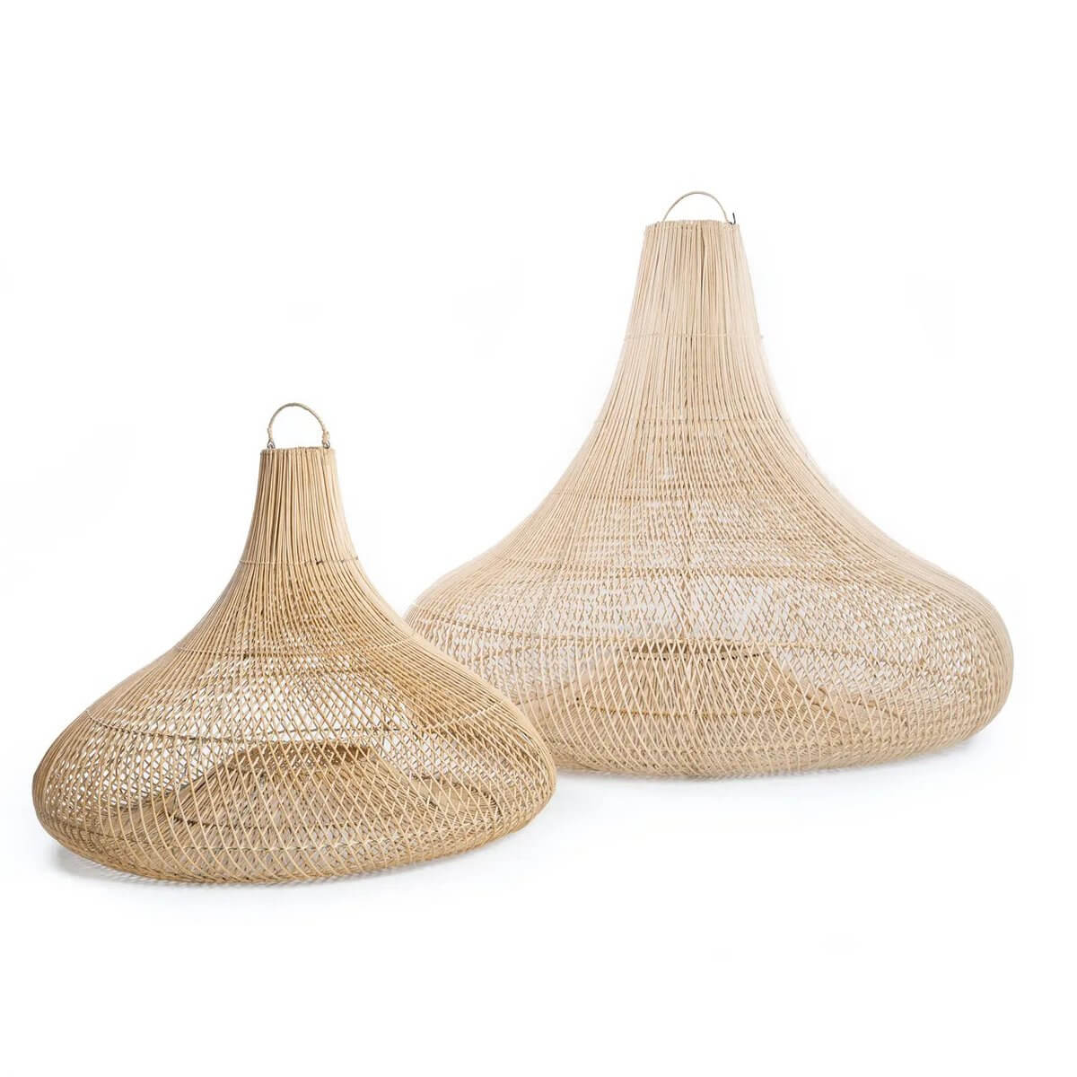 Bohemian-style De Shala lamp in rotan, dual sizes for versatile use, crafted by Bazar Bizar Living, perfect for natural interiors.