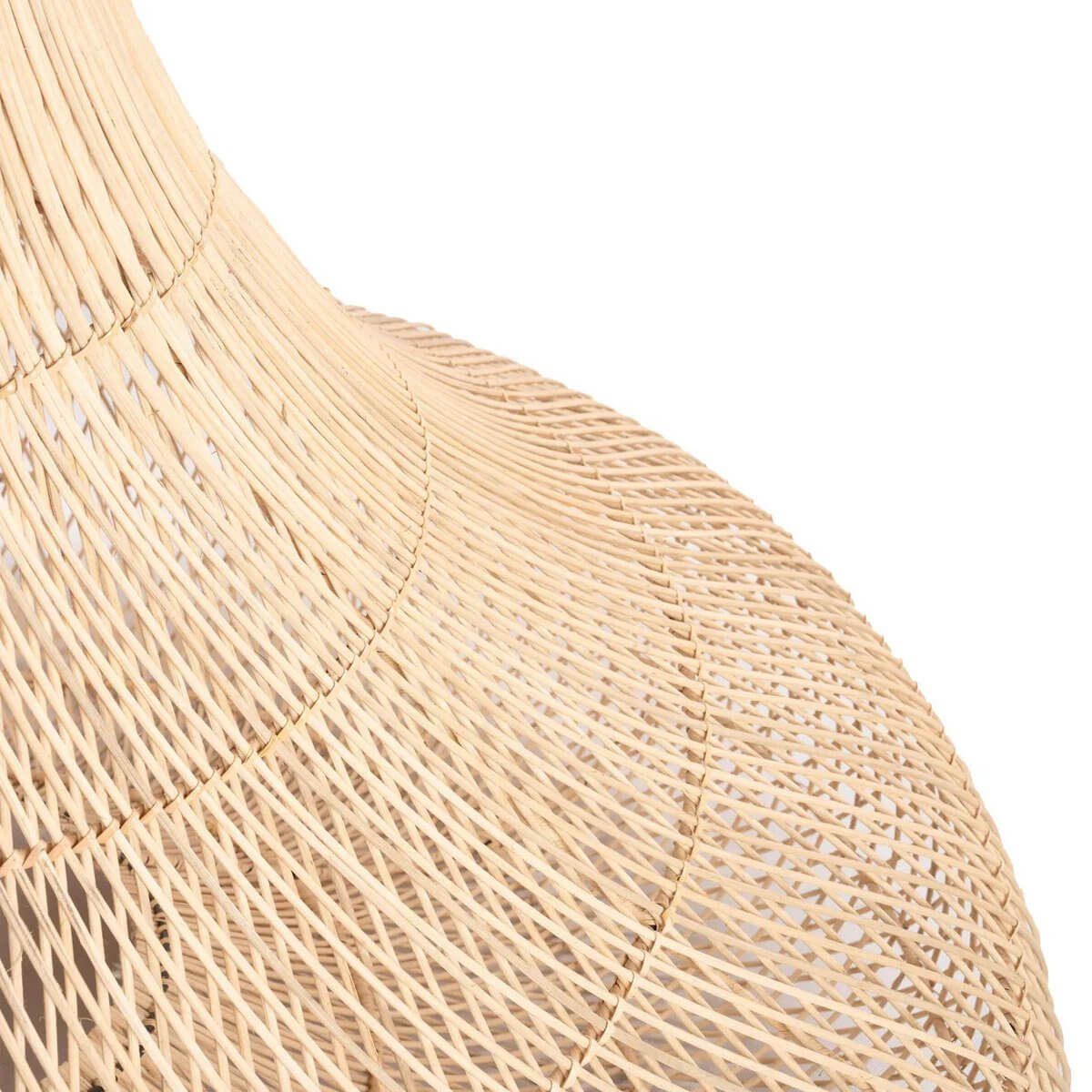 Closeup of De Shala bohemian rattan lamp with a natural, organic design perfect for interior decor by Bazar Bizar Living.
