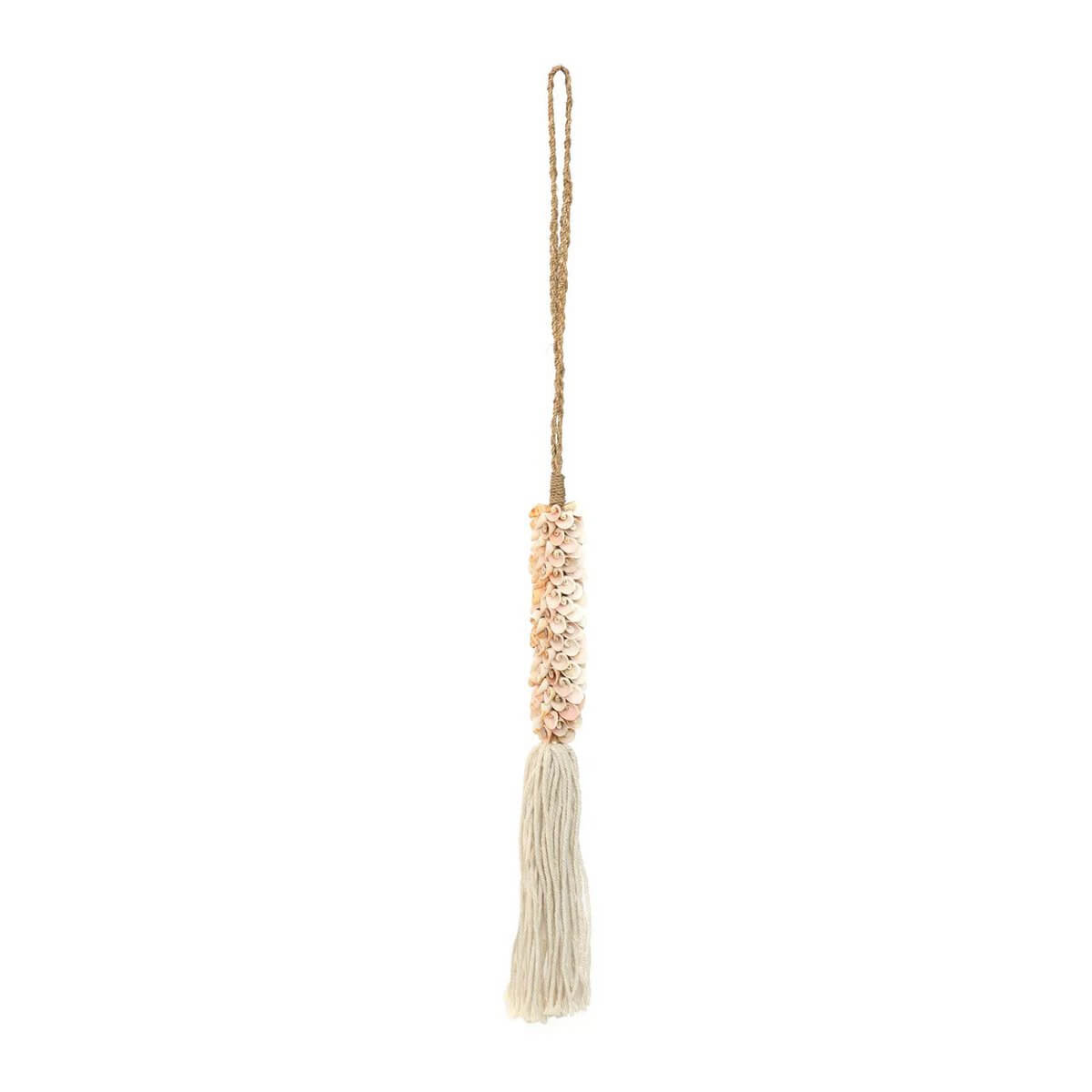 Bohemian pink shell and cotton tassel hanger, handmade by Balinese artisans, perfect for adding exotic decor flair. Brand: Bazar Bizar Living.