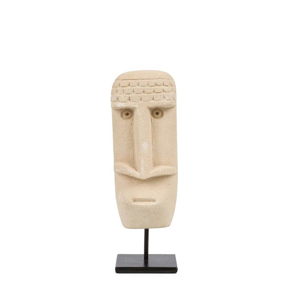 Bohemian Sumba stone statue #21 on stand, handcrafted sandstone from Indonesia, traditional protective decor.