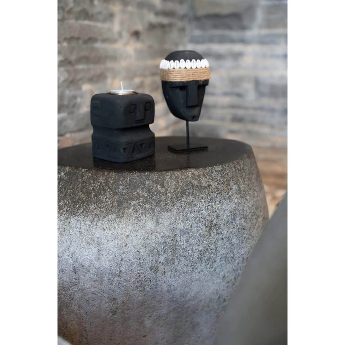 Bohemian Sumba-stone sculpture on stand, handcrafted sandstone from Indonesia, perfect for home décor statement or cluster display.