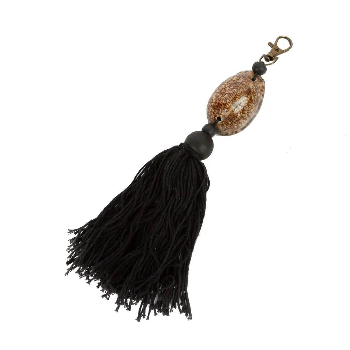 Bohemian Sumbawa keychain in black and brown with wooden bead and cotton tassel, perfect for stylish key organization.