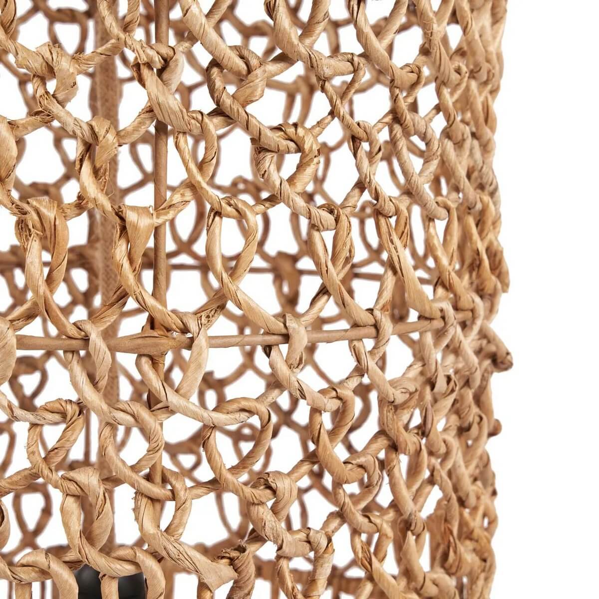 Close-up of Bohemian-style De Takuhanki Lamp made from handwoven banana leaf, highlighting intricate natural texture and design.