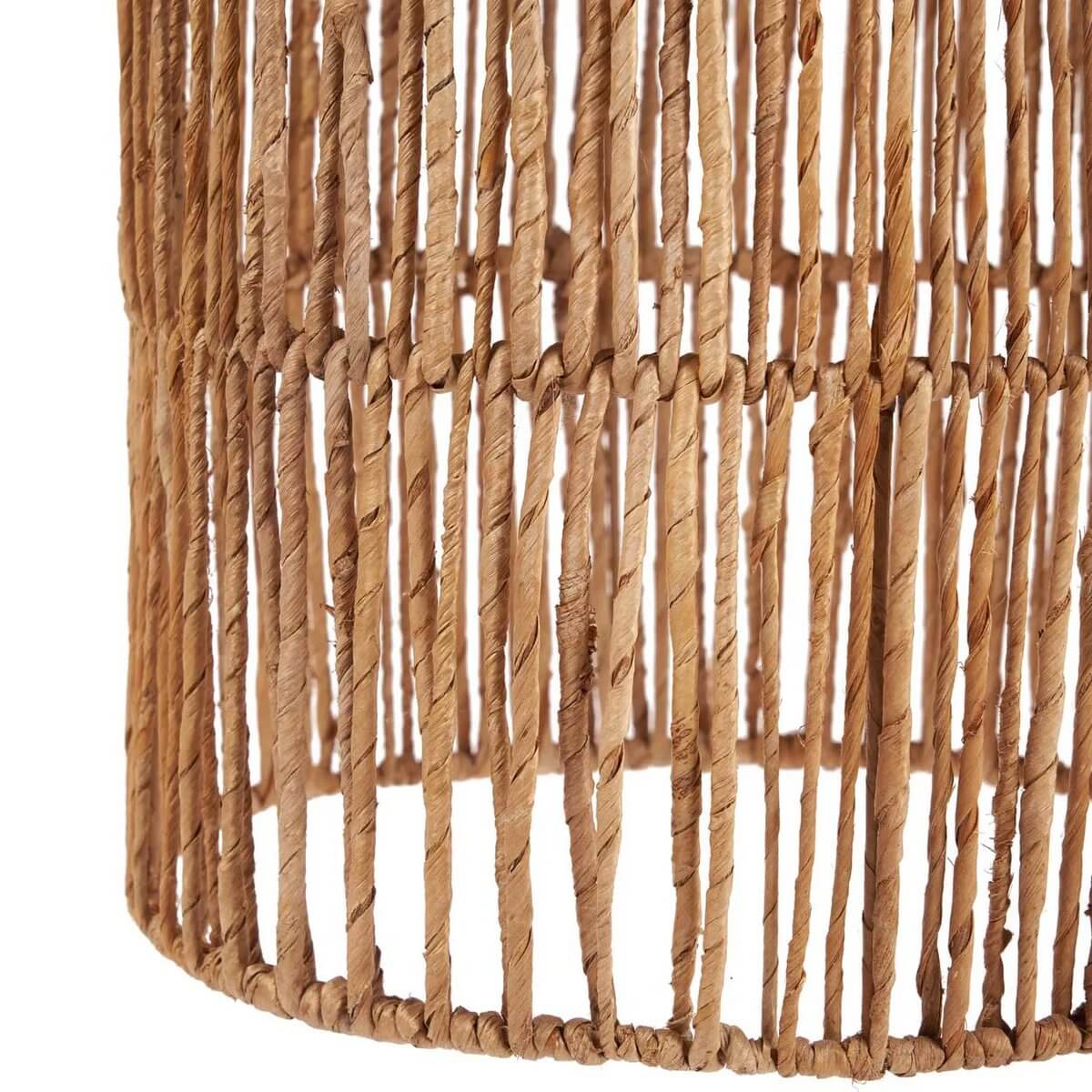 Close-up of bohemian-style De Takuhanki Lamp made from woven banana leaf, showcasing its natural texture and design.