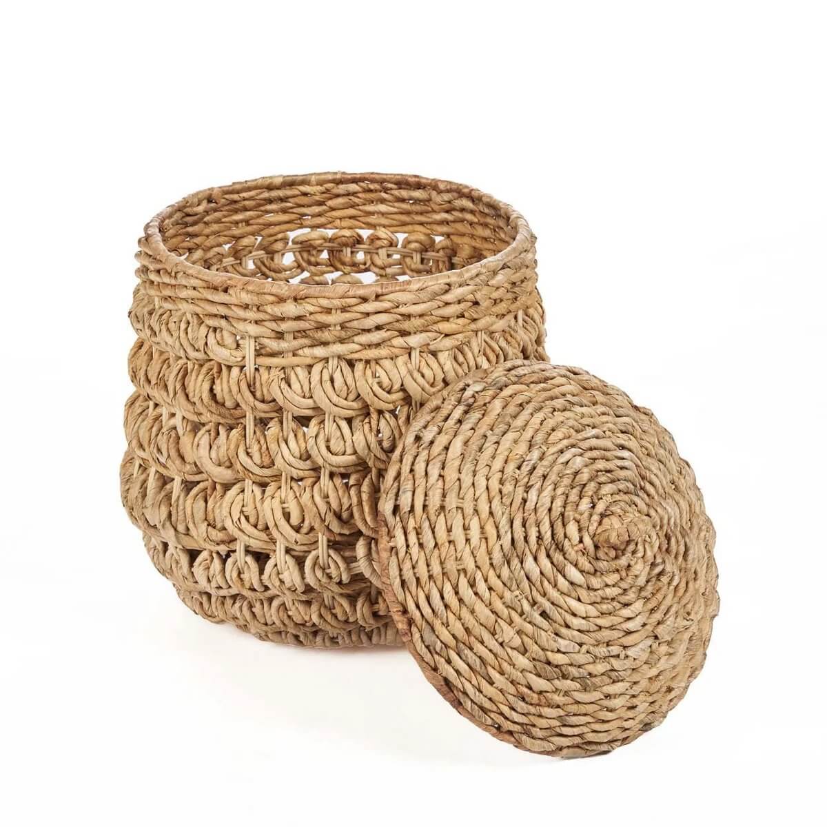 Bohemian-style Tarajih Basket made of natural banana leaf, perfect for storage and decor with intricate weave and warm tones, lid open.