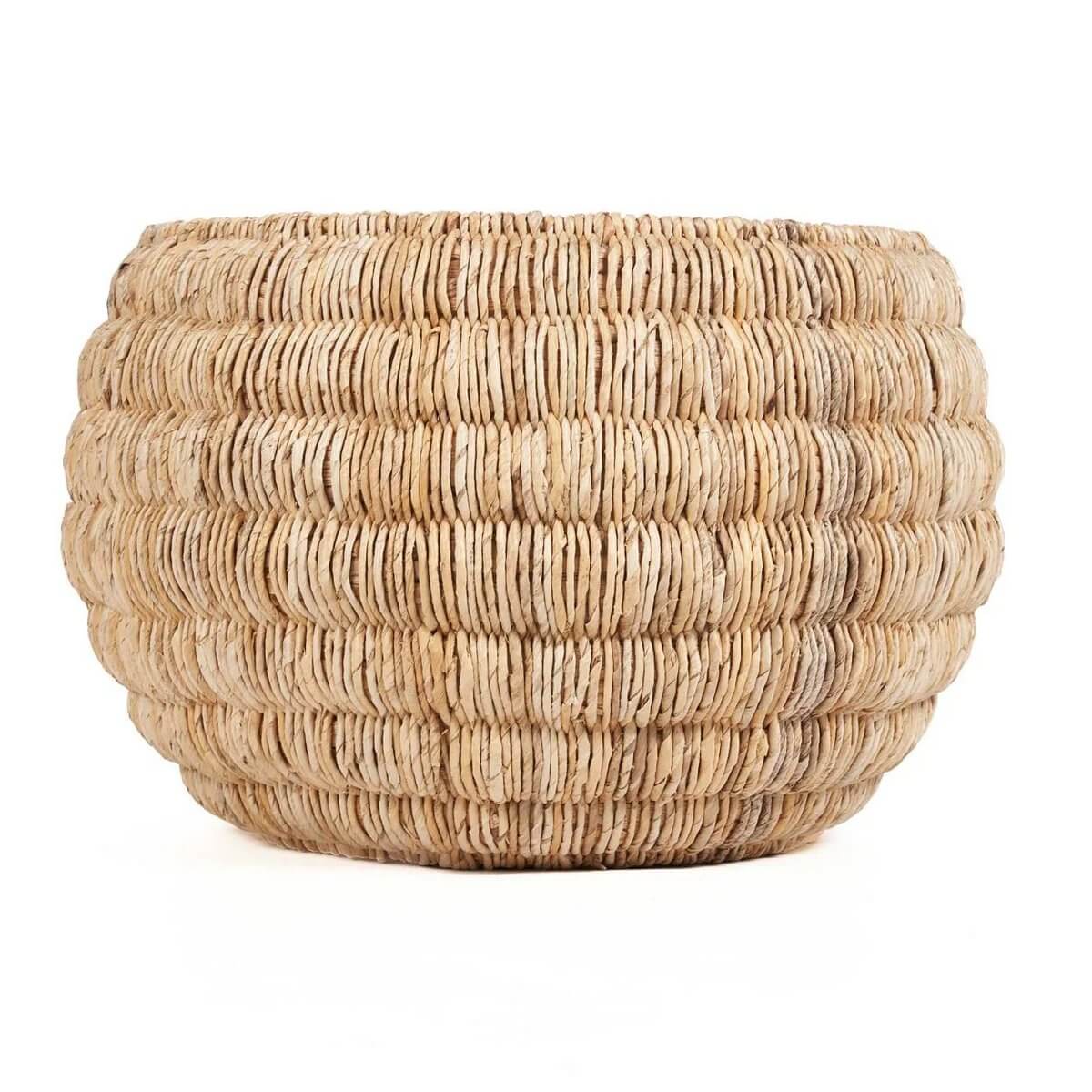 Handmade Bohemian basket crafted from banana leaf with a round shape and earthy tones, perfect for stylish home storage or decor.